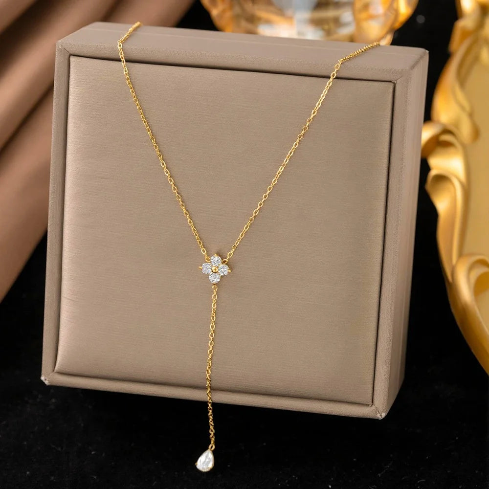 18K Gold Plated Stainless Steel Waterproof Clover Zircon Y Shape Pendant Necklace for Women Non-Fading Necklace Jewelry Gift