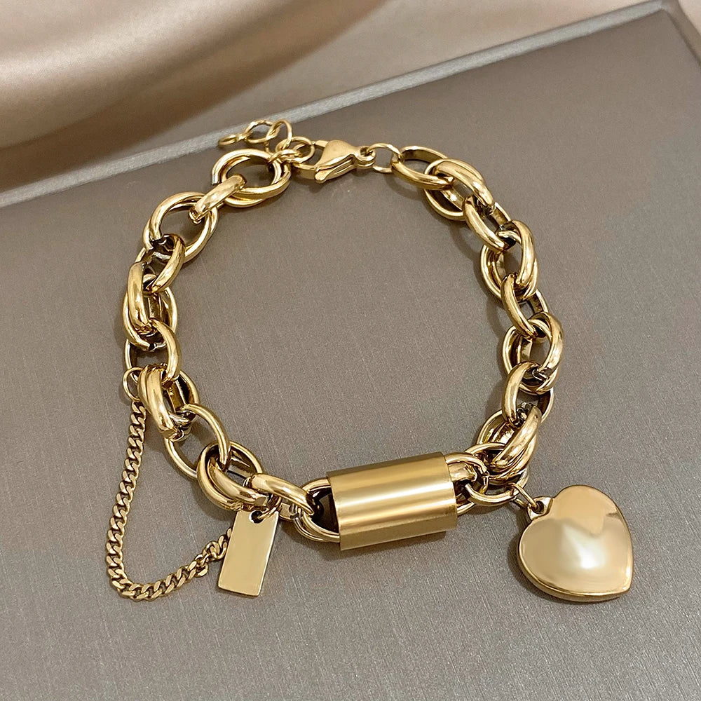 Heart Lock Stainless Steel Charm Bracelet Chunky Gold Plated Chain Love Bracelets for Women Valentine Gift