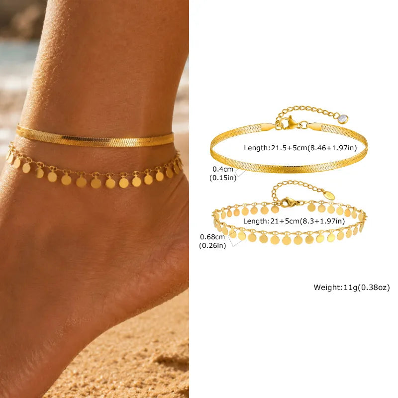 Waterproof Layered Anklet Bracelet for Women, Adjustable Gold Plated with Zirconia Stainless Steel Link Foot Chain Jewelry