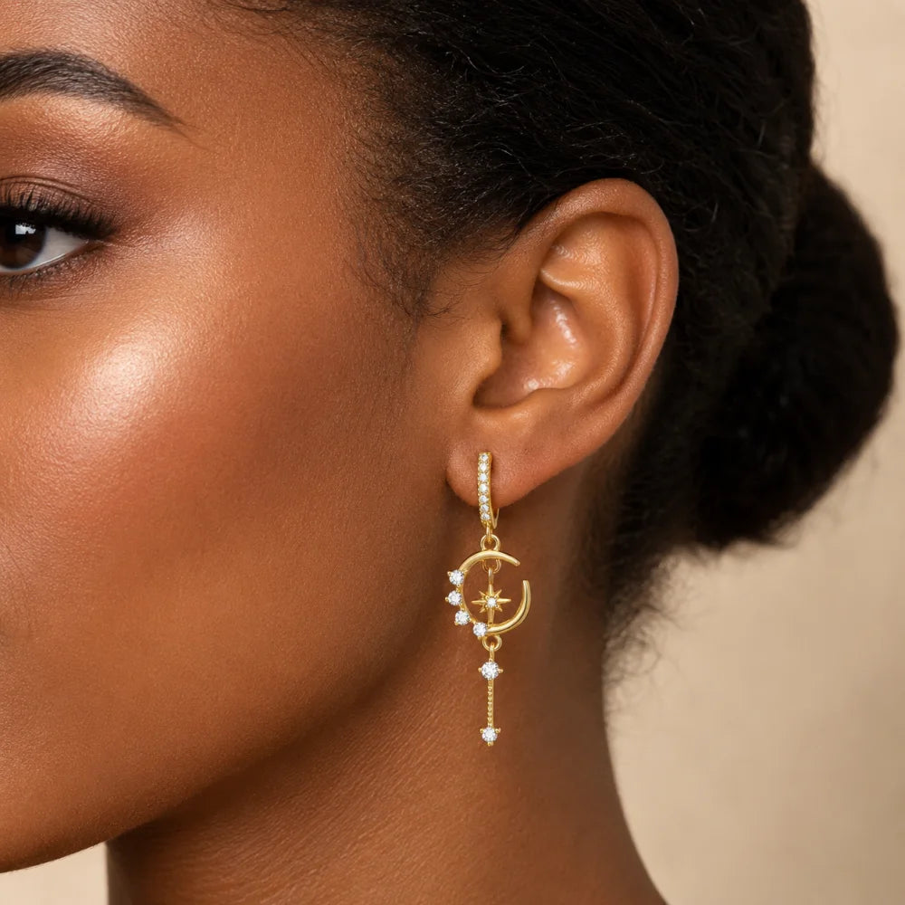14K Gold Plated Moon Star Cubic Zirconia Huggie Dangle Earrings for Women Waterproof Dainty Long Drop Daily Party Jewelry Gifts