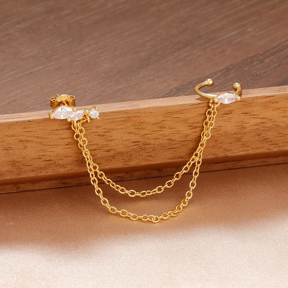 1PC Stainless Steel Chain Tassel Zircon Drop Earrings For Women 14K Gold Plated Geometric Ear Clip Earrings Wedding Jewelry