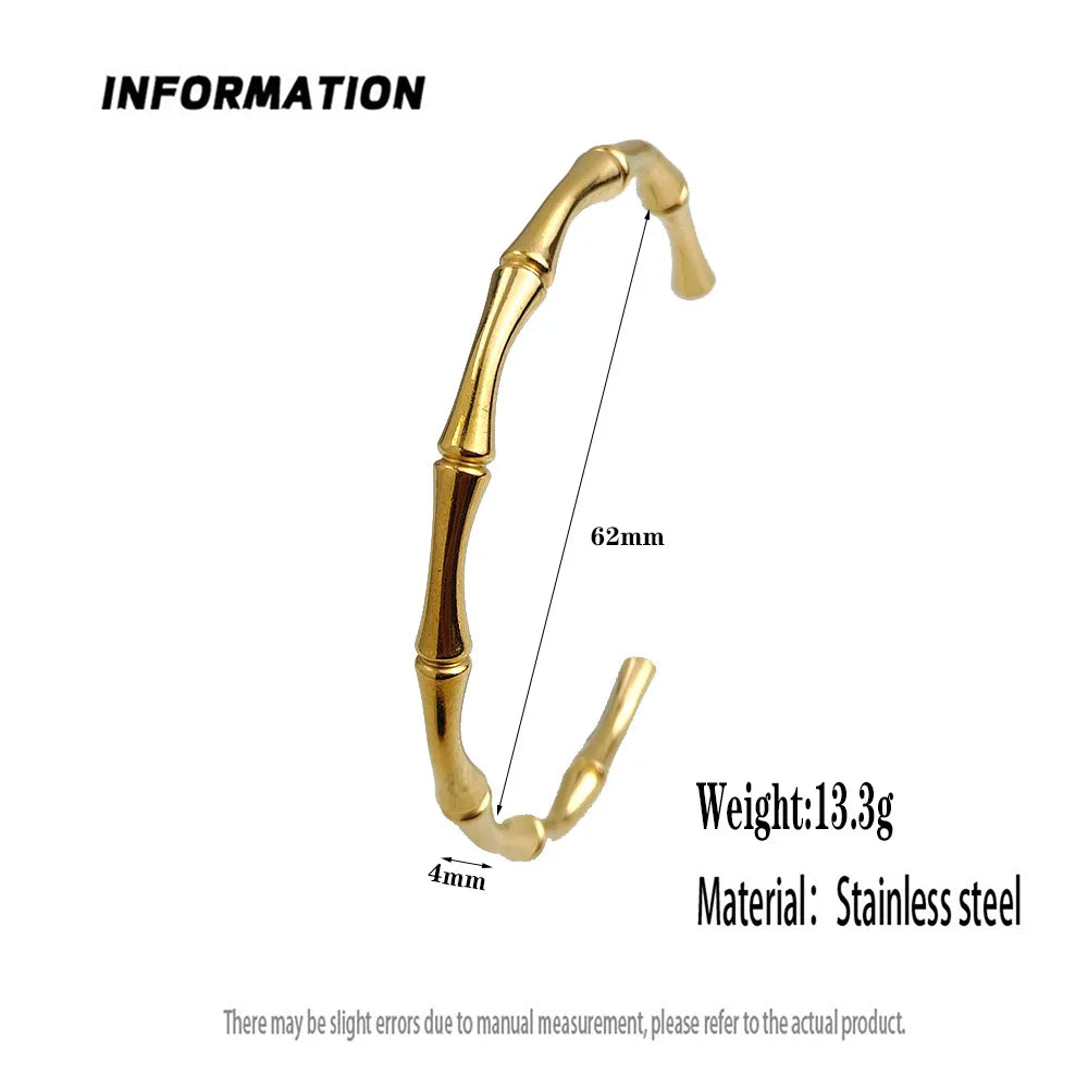 316L Stainless Steel 18K Gold Plated Bamboo Joint Open Cuff Bangle Adjustable Bracelet Minimal Lucky Stack Jewelry For Women