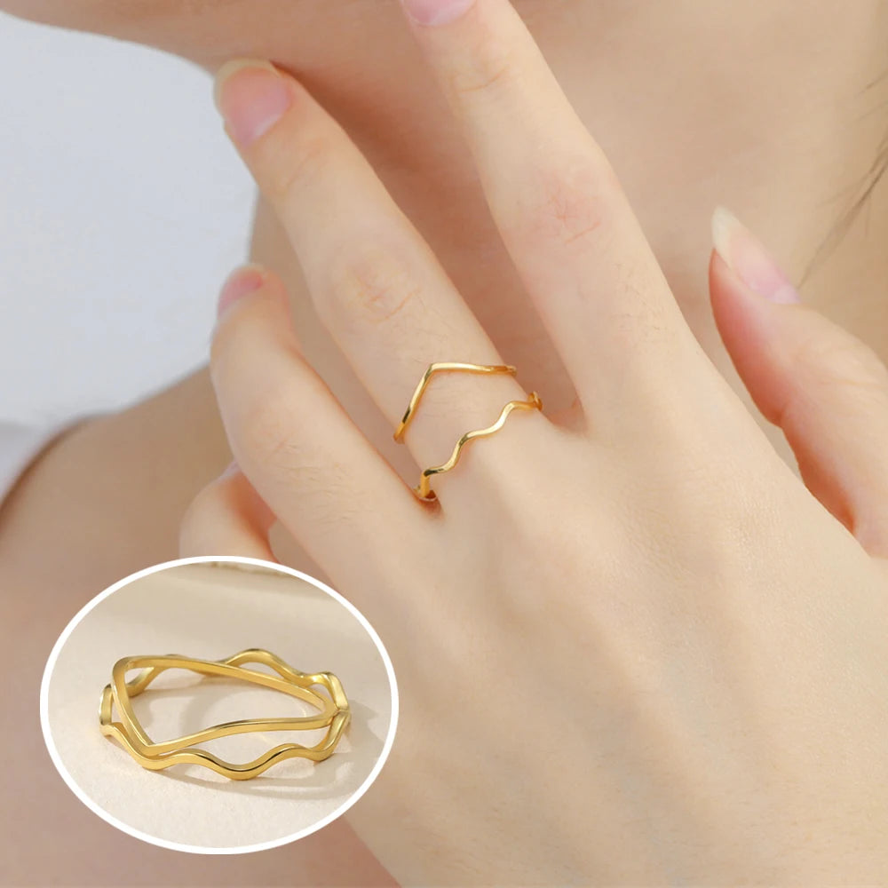 Minimalist Stackable Wave Rings for Women Geometric Finger Ring Stainless Steel Golden Jewelry Thin Rings Set Daily Party Wear