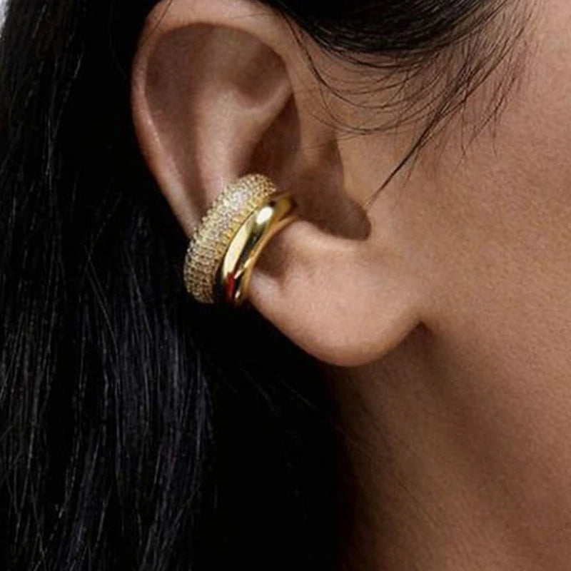 1pcs Delicate CZ Zircon Double Layer C-shape Chunky Cuff Earrings Stainless Steel No Piercing Cartilage Ear Clip Luxury Jewelry