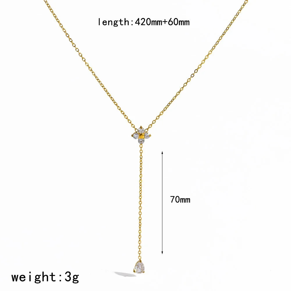 18K Gold Plated Stainless Steel Waterproof Clover Zircon Y Shape Pendant Necklace for Women Non-Fading Necklace Jewelry Gift