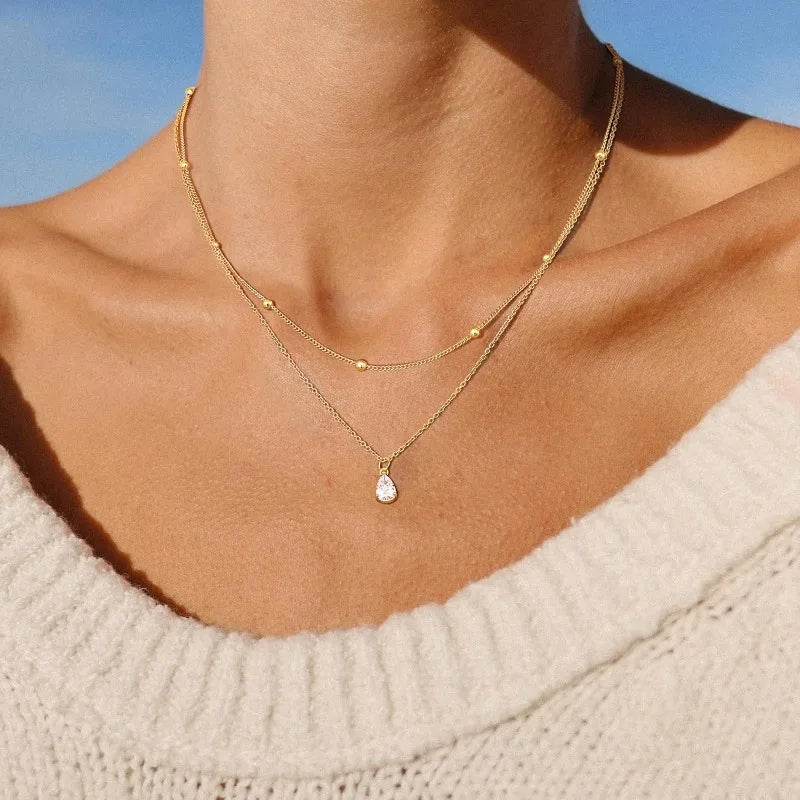Triple Layered Gold Necklace for Women Waterproof 14K Gold Plated Stainless Steel Teardrop Crystal Necklace Satck Jewelry Set